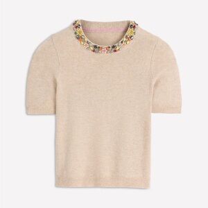 Boden Beige Embellished Crew Neck Sweater
